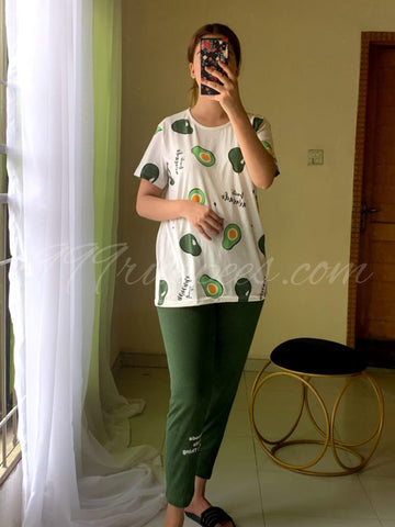 002 Avocado Print Half Sleeves T-Shirt With Plain Trouser