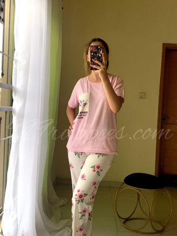010 Pink Flower Pocket Print Half Sleeves T-shirt With Flowers Printed Trouser Suit