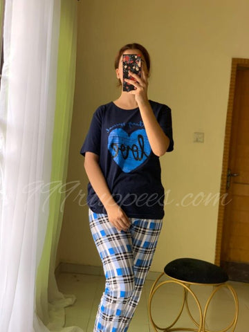 010 Black With Blue Love Heart Print Half Sleeves T-shirt With Check Printed Trouser Suit