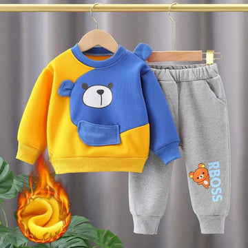 001 Yellow Blue Contrast Bear Print Sweatshirt With Grey Trouser For Kids