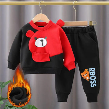 001 Black Red Contrast Bear Print Sweatshirt With Black Trouser For Kids