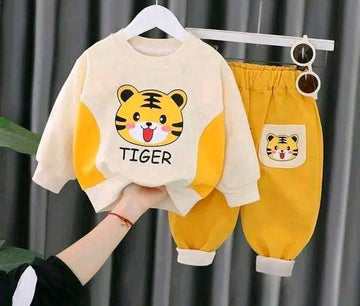 001 Yellow Tiger Print T-shirt With Black Trouser For Kids