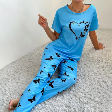 009 Sky blue Heart Printed T-shirt Half sleeves with butterfly printed Night Suit