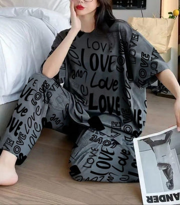 005 Grey Full Love Printed Half Sleeves T-shirt With Printed Pajama Suit