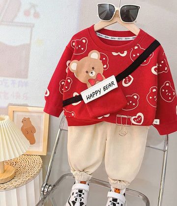 001 New Red Happy Bear Print Sweatshirt With Off-White Trouser For Kids