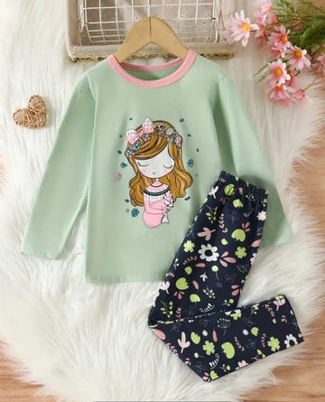 0002 Green Barbie Girl Printed Full Sleeves T-shirt with Flower Printed Pajama Kids Suits (1 Pcs)