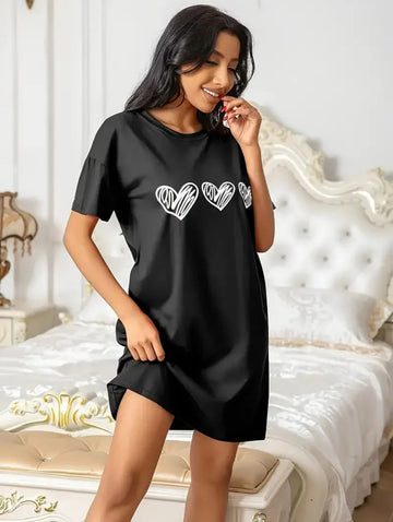 Black White Heart Print Long Shirt For Women