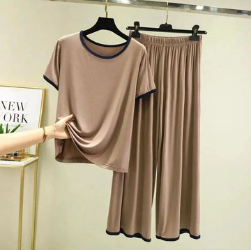008 Brown Round Neck With Black Pippen Plazo Pajama Night Suit For Her