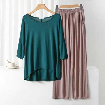 025 Green Round Neck Loose Sleeves With Skin Color plazo night suit For Her
