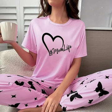 009 Pink MOM LIFE Printed half sleeves Trouser Suit