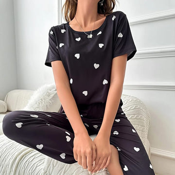 018 Black with white hearts half sleeves Trouser Suit