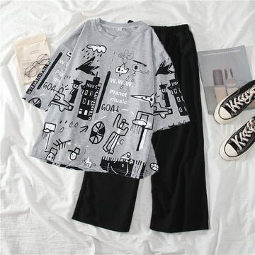 003 Grey Funkey Printed half sleeves T-Shirt With Black Trouser Suit