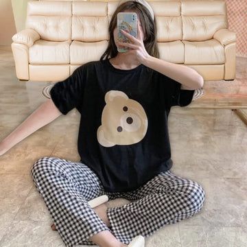 011 Black Bear Printed half sleeve T-shirt with Check Trouser Suit