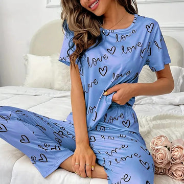 019 Sky blue Love Printed half T-shirt with Trouser Suit