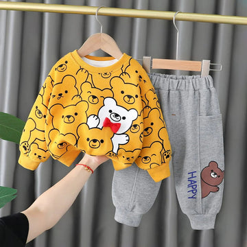 001 Yellow Bear Print Sweatshirt With Grey Trouser For Kids