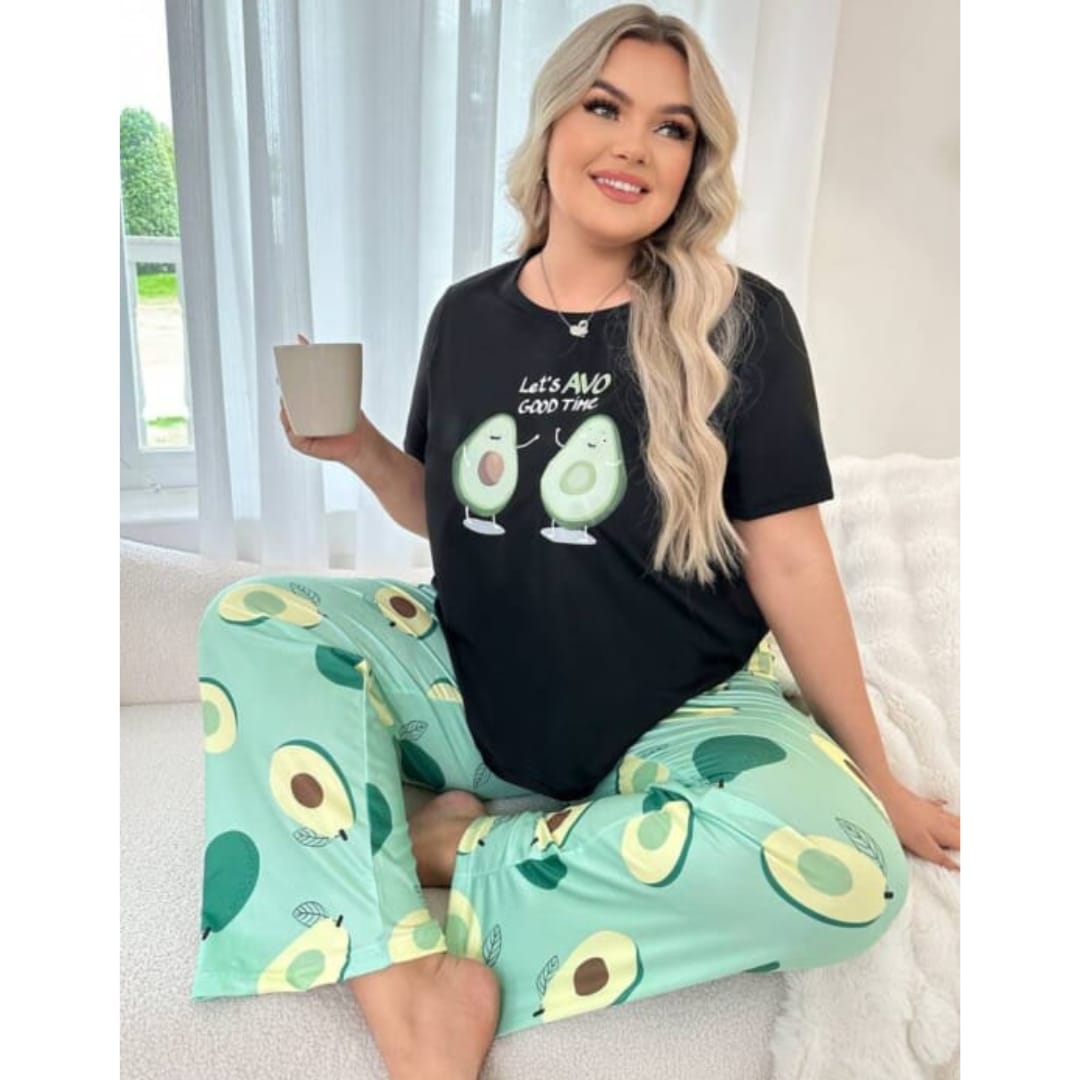 005 Black Avocado Print Half Sleeves T-shirt With green Avacado Print Pajama Suit
