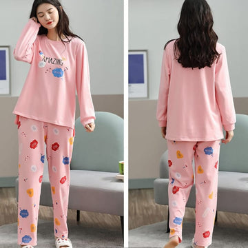 002 Pink Amazing Print Full Sleeves T-shirt With Printed Pajama Suit