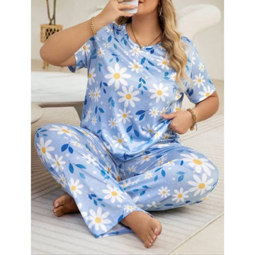 013 Blue Flowers Print Half Sleeves T-shirt With Flowers Print Pajama Suit