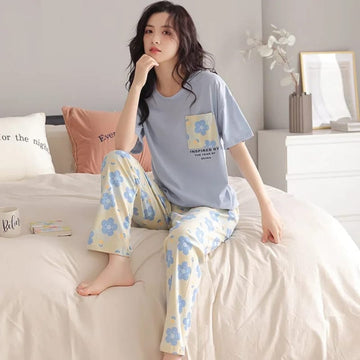 005 Blue Flower Pocket Print Half Sleeves T-shirt With Flowers Print Pajama Suit