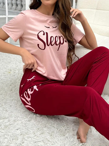 013 Pink Sleep Print half Sleeves T-shirt With Sleep Print Pajama Suit