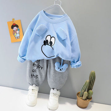 001 Blue Cute Eye Print Sweatshirt With Grey Trouser For Kids