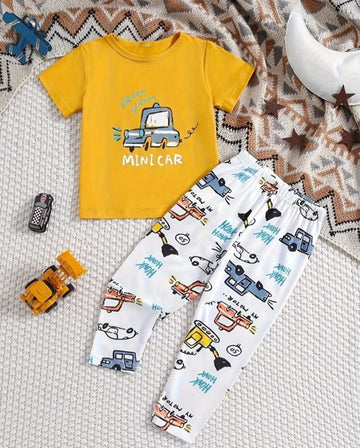 Baby or Baba Yellow Mini Car Printed Half Sleeves T-shirt with Car Printed Pajama Kids Suits (1 Pcs)