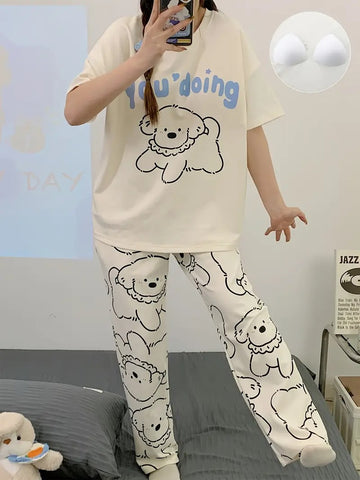 0001 Off White Puppy Printed Half Sleeves T-shirt With Puppy Printed Pajama Suit