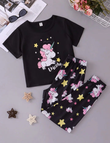 0000 Black Unicor Printed Half Sleeves T-shirt with Unicorn Printed Pajama Kids Suits