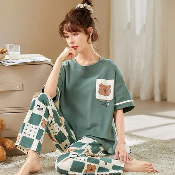 0000 Green Front Bear Printed Half Sleeves T-shirt With Bear Printed Pajama Suit