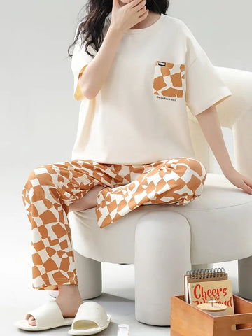 0003 Offwhite Brown Check pocket Printed Half Sleeves T-shirt With Printed Pajama Suit