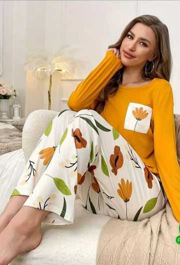 0000 Mustard Front Floral printed Full Sleeves T-shirt With Floral Printed Pajama Suit