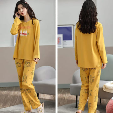 022 Yellow Friendly Printed Full Sleeves T-shirt with Printed Pajama Night Suit for her
