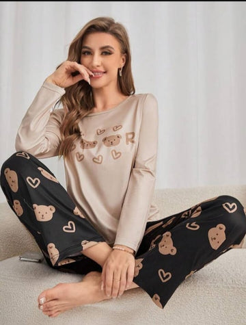 0001 Brown Bear heart Printed Full Sleeves T-shirt With Bear Printed Pajama Suit