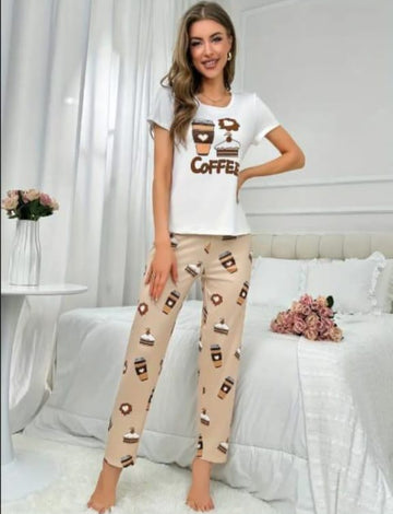 0000 Offwhite Coffee Mug Printed Half Sleeves T-shirt With Printed Pajama Suit