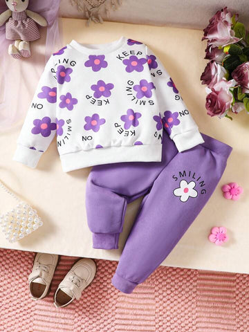 0000 Off White Keep Smiling Flower Printed Sweatshirt With Lilac Printed Tracksuit For Kids