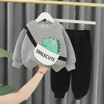 0001 Grey Dragon Print Sweatshirt With Black Trouser For Kids