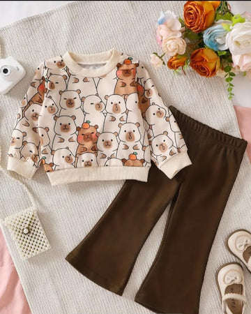 0000 All Over Bear Printed Sweatshirt With Brown Bell bottom Style Tracksuit For Kids