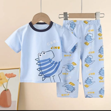 Baba Sky Blue Cool Dino Printed Half Sleeves T-shirt with Blue Dino Printed Pajama Kids Suits (1 Pcs)