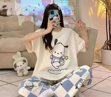 0001 White Pochacco Printed Half Sleeves T-shirt With Printed Pajama Suit