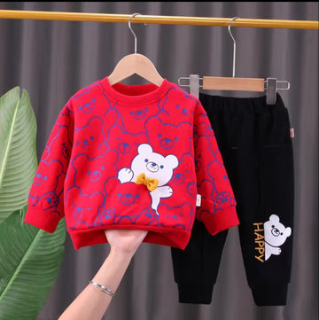 001 Red Bear Print Sweatshirt With Black Trouser For Kids