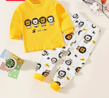 0001 Baba Yellow Lion Printed Full Sleeves T-shirt with OffWhite Lion Printed Pajama Kids Suits (1 Pcs)
