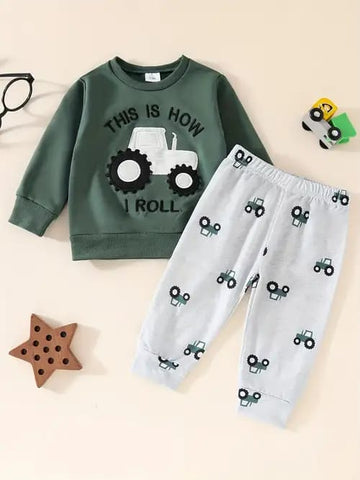 0000 Bottle Green This is How I Roll Tractor Printed Sweatshirt With Grey Trouser Tracksuit For Kids