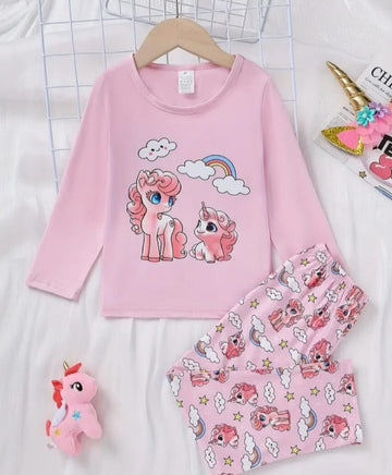 0001 Baby Pink Unicorn Rainbow Printed Full Sleeves T-shirt with Unicorn Printed Pajama Kids Suits (1 Pcs)
