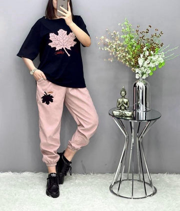005 Black Leaf Printed Half Sleeves Tracksuit Available for Woman