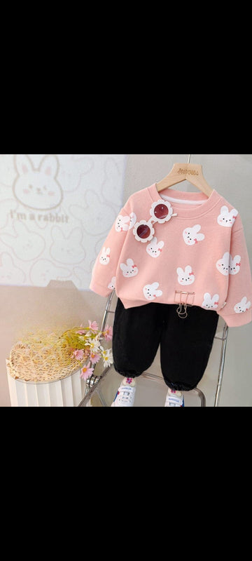0000 Baby Pink Small Rabbit Printed Sweatshirt With Black Trouser Tracksuit For Kids