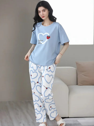 0001 Sky Blue Heart Strawberry Printed Half Sleeves T-shirt With Heart Printed Pajama Suit