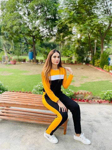 024 Yellow Black Panel Full Sleeves Tracksuit Available for Woman