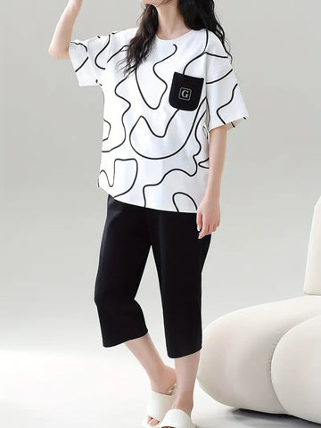 001 White Lining Front Pocket Printed Half Sleeves T-shirt With Plain Black Pajama Suit