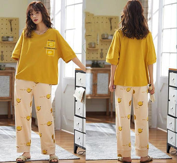 001 Yellow Lemon Printed Half Sleeves T-shirt With Printed Pajama Suit