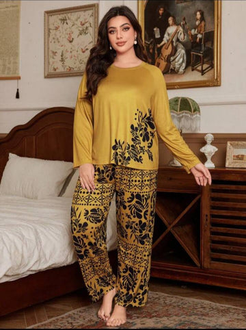0000 Mustard Sided Leaf Printed Full Sleeves T-shirt With Leaf Printed Pajama Suit